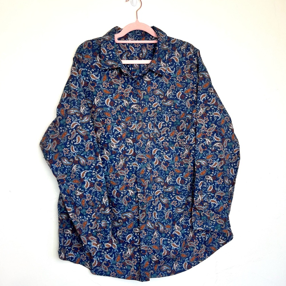 Women’s Navy Blue Paisley Print Button Up Top
